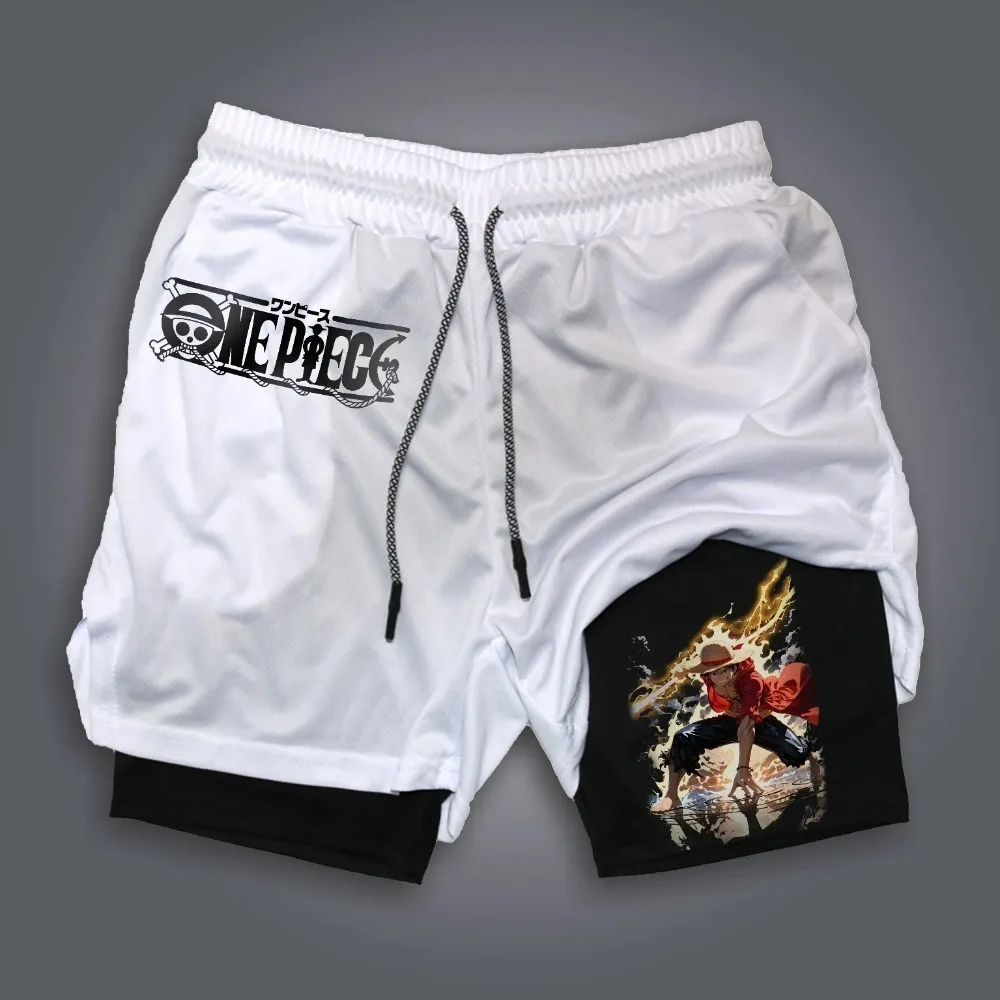 قطعة واحدة أنيمي لوفي زورو تحت عنوان مطبوعة مزدوجة الطبقات السراويل 2025 الصيف الأمريكية الرجال الرياضة السراويل فضفاضة