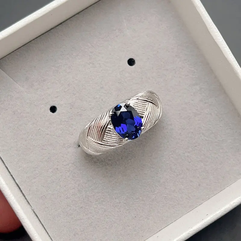 

Manmade Sapphire Ring 1.6ct 8mm*6mm Laboratory Sapphire Ring for Engagement Solid 925 Silver Gemstone Jewelry