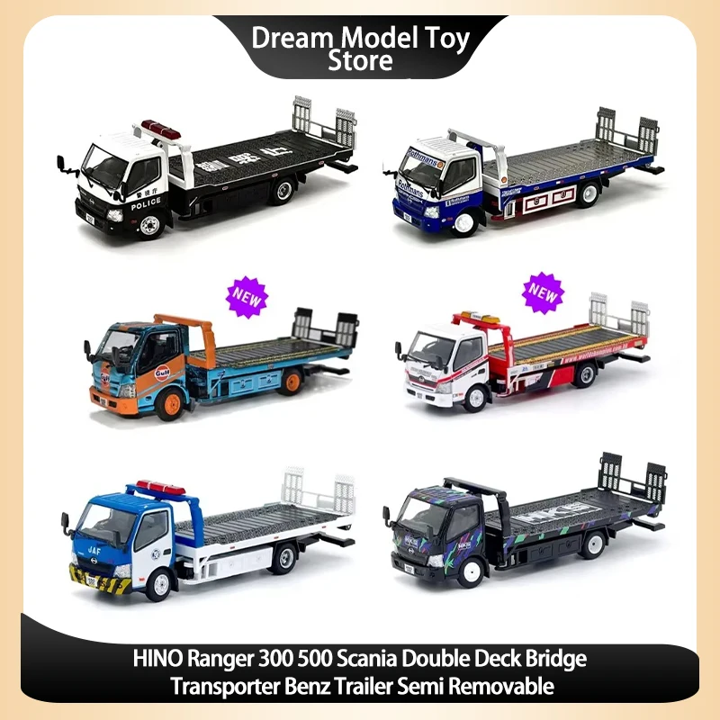 1:64 HINO Ranger 300 500 Scania Double Deck Bridge Transporter Benz Trailer Semi Removable Alloy Model Car Collection Toy Gift