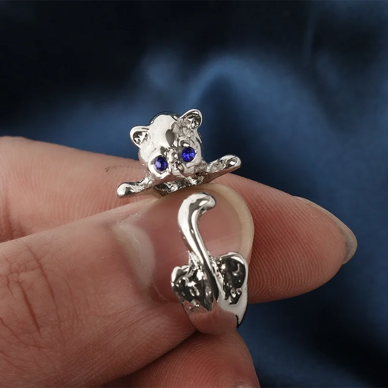 Cute Cat Ring Blue Eye Cat Silver Plated Gemstone Finger Ring Jewelry Gift Unique Fashion Rings Punk Opening Rings Adjustable