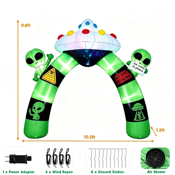Halloween Decorations 10.5FT Inflatable Alien Archway with Built-in LED Lights,Blow Up Alien UFO Arch for Yard Garden Decor