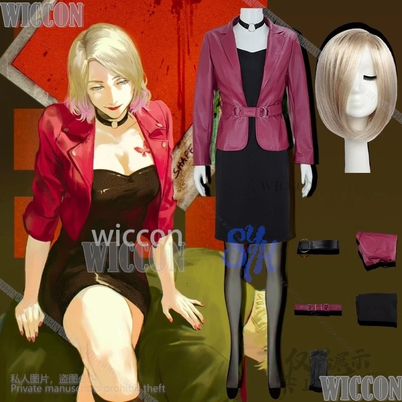 

Horror Game Hill 2 Cosplay Maria Clothes PU Jacket Coat Long Sexy Black Dress Goth Wigs For Halloween Christmas Party Carnival
