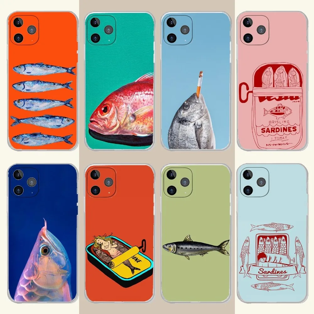 Custodia per telefono con sardine divertenti per iPhone 16 15 14 13 12 11 Pro Max Mini X XS SE 7 8 Plus 16E Cover morbida in silicone antiscivolo antiurto