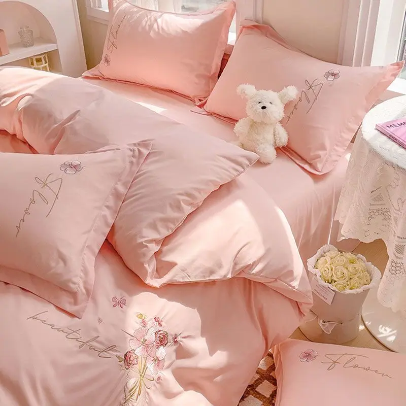 Embroidered Washed Brushed Bedding Set, Single/Dorm Size for Girls, 3/4 Piece Bed Sheet & Duvet Cover Set