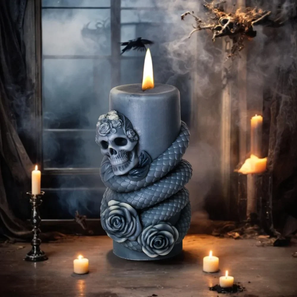 Halloween Skull Head Cylinder Candle Silicone Mold DIY Flower Relief Cylinder Resin Gypsum Mould Snake Head Cylinder Molds