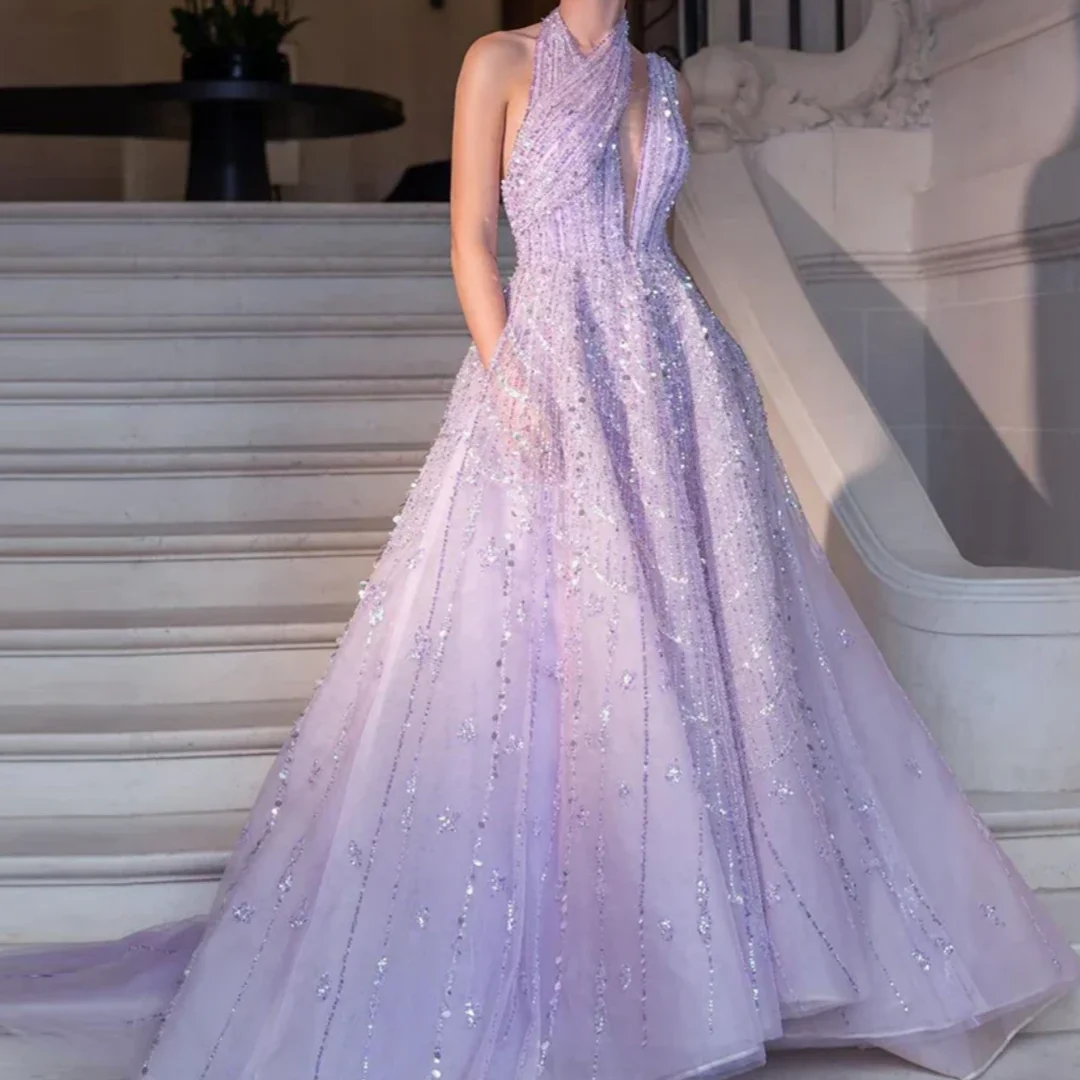 

Роскошные вечерние платья из бисера, Дубай, сиреневые вечерние платья для женщин, арабские вечерние платья для выпускного вечера по индивидуальному заказу