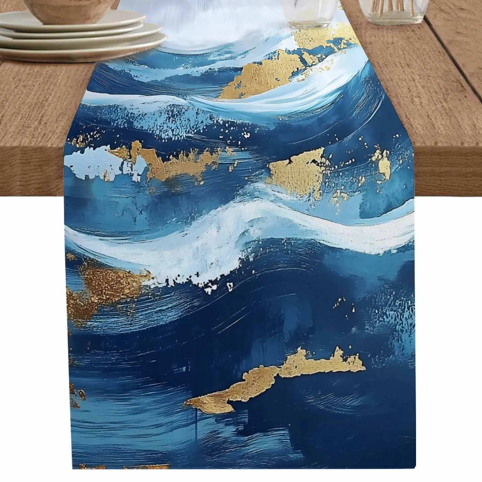 Watercolor Wave Effect Graffiti Art Runner Wedding Decor Table Cover Holiday Party Coffee Table Decoration Tablecloth