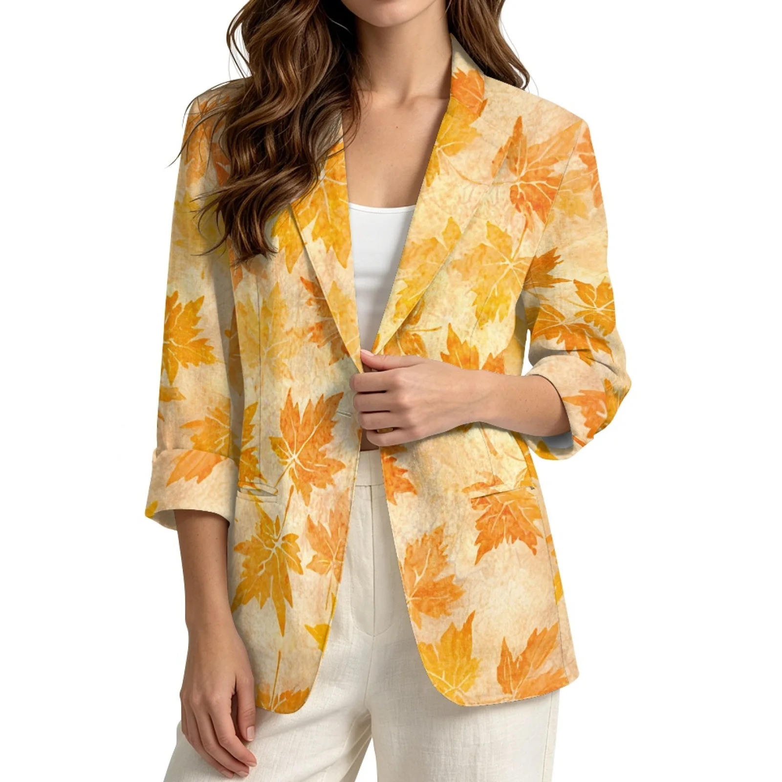 PENSTROLL Breathable Linen Like Outerwear 3/4 Sleeve Cover Up Cardigans for Beachwear Maple Leaf Print