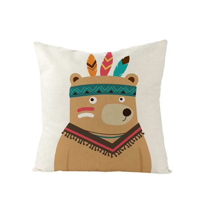 2024 NEW Ethnic Style Cartoon Lovely Animals Cushion Cover Linen Cute Bear Fox Deer Print Pillow Cover Kids Room Pillows Decor