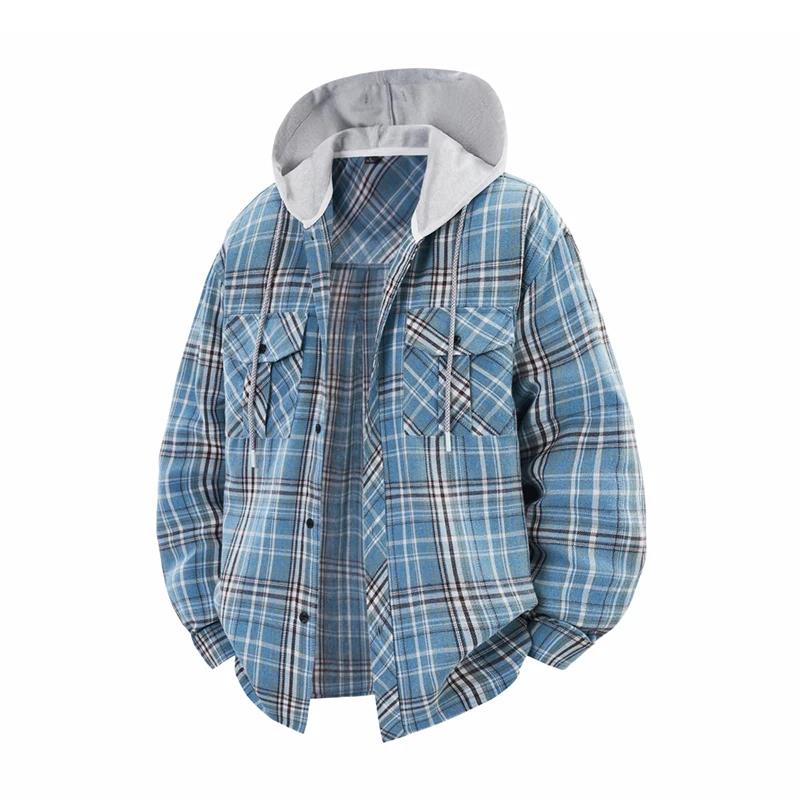 

Retro Plaid Patchwork Hooded irt Men's Spring Trendy Loose Couple Windproof Casual Jaet Polyester Cotton Blend Long Sve