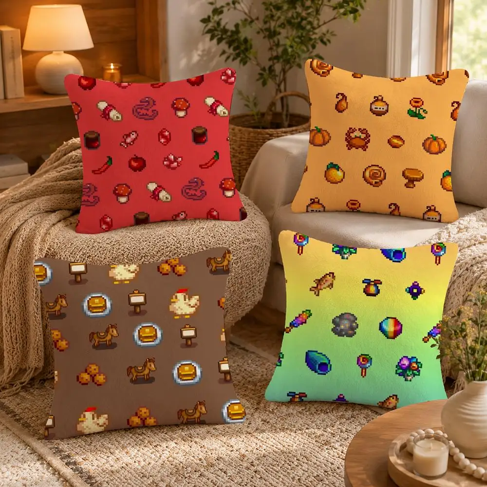 S-Stardew Valley Farm Game Cushion Cover Soft Short Plush Pillow Case Double Sided Print Washable Sofa Bed Home Decor Gift