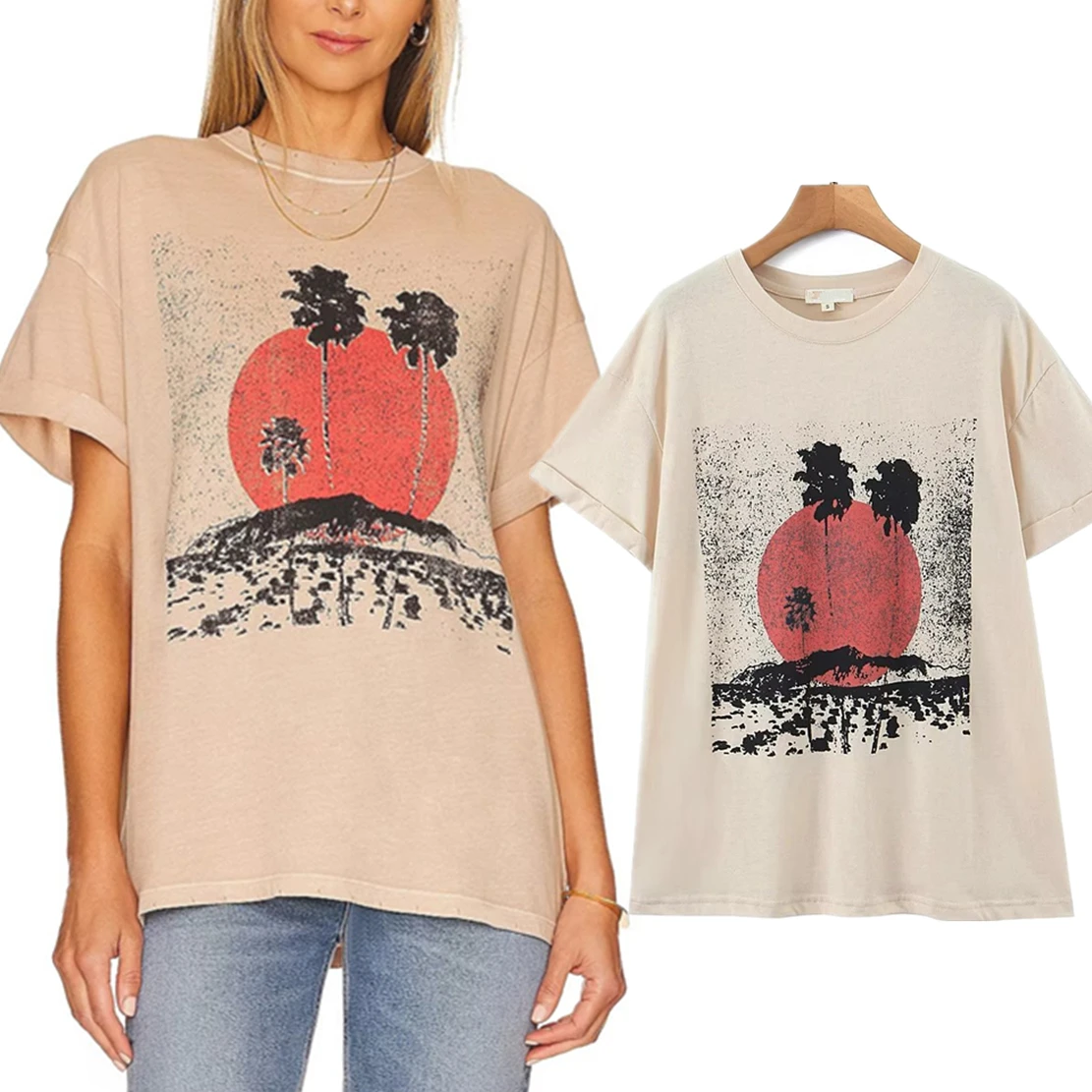 

Jenny&dave 2026 American Vintage High T-shirt Street Boyfriend Loose Casual Sunset Palm Tree Printed Cottonfor Women Tops