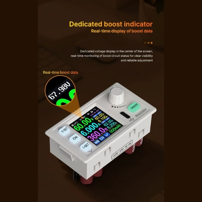 02DC RK6006H Adjustable Output Power Supply Module 0-60V and 360W with Color LCD Monitoring Plus USB Port for Electronics