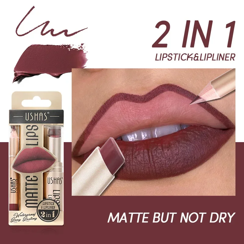 USHAS 12-Farben-Lippenstift-Lipliner-Set, matt, samtig, befeuchtet Textur, dauerhafter Halt, Make-up, lichtecht, heiße Verkäufe, modischer Lippenstift