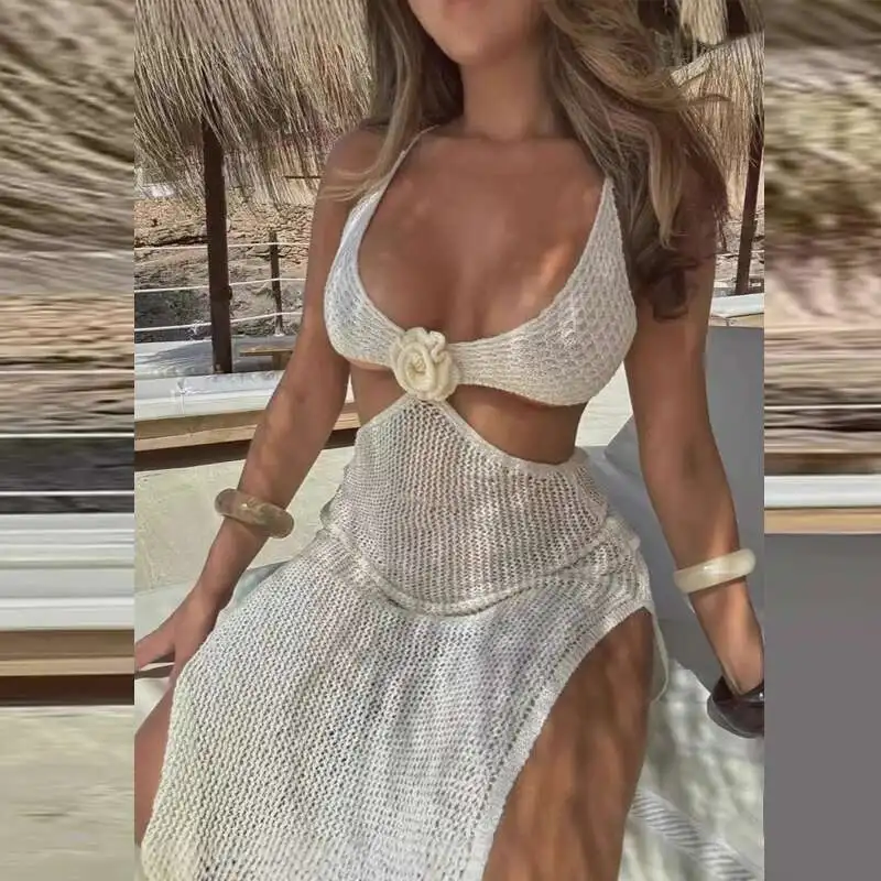 Nuevo 2025 verano Sexy cuello en V hueco tejido Floral Patchwork sin mangas ajustado Vestido de playa sin espalda Split cubrir trajes de baño