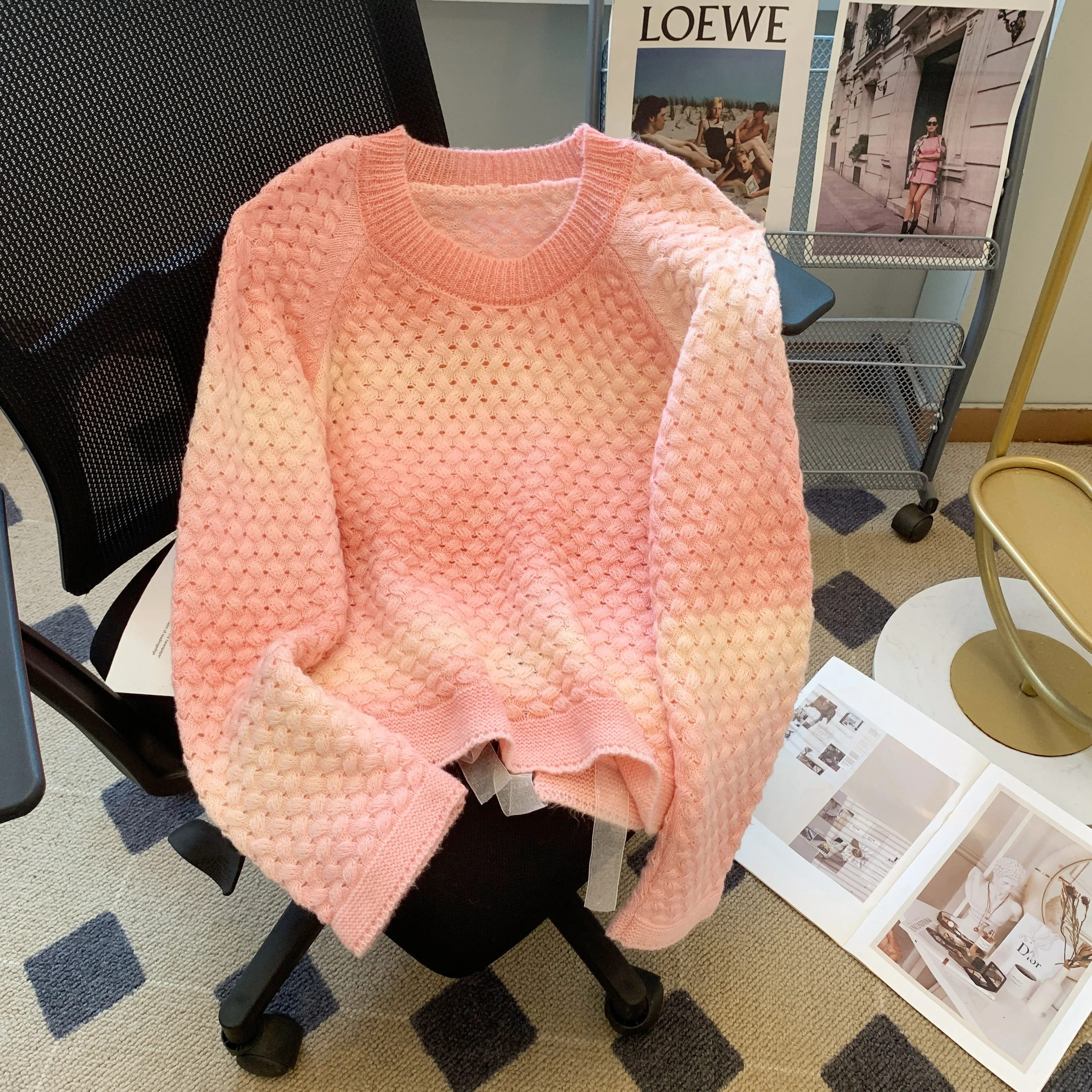 Women Pink Knit Pullover Gradient Sweater Harajuku Vintage Y2k O-Neck Long Sleeves Loose Cashmere Sweaters 2000s Clothes Autumn