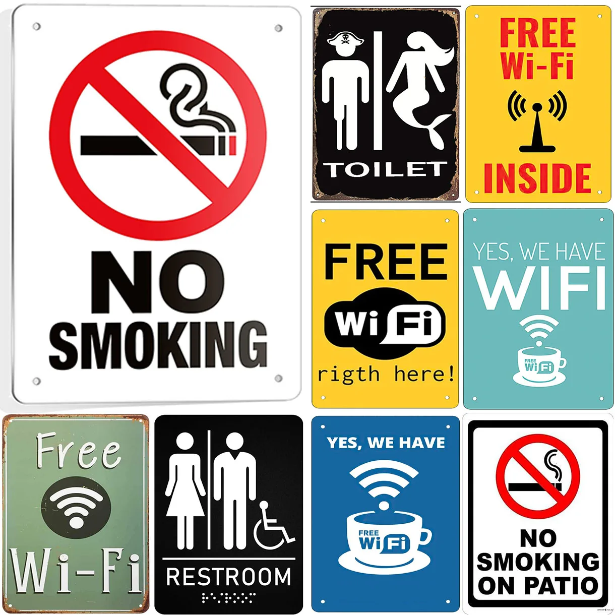 Vintage No Smoking & Free WiFi Themed Tin Sign Set - Durable Metal Plaque Wall Decor for Cafe Restaurant Bar