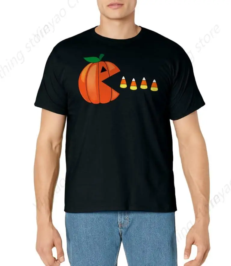 Fun Halloween Pumpkin Eating Candy Men's and Women's T-shirts Fashion Gifts Men's Shirts Cotton Round Neck Men's Clothes