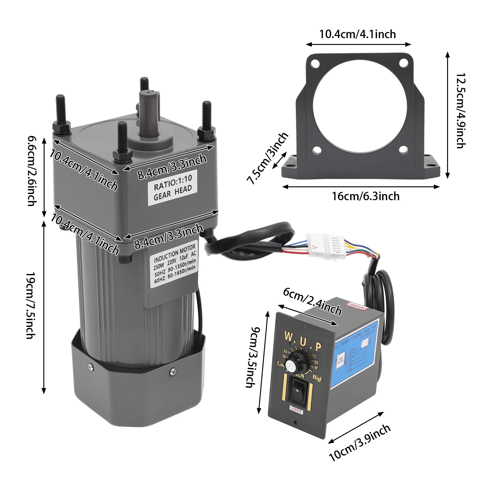 Moteur électrique à engrenages à couple élevé 250W 220V AC, réduction d'engrenage, contrôleur de vitesse Variable 0-270 tr/min 5K/10 K avec régulateur
