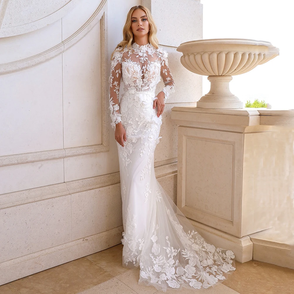 Romantyczne Suknie Ślubne Syrenka z Koronki, Długie Rękawy, Stójka, Aplikacje Kwiatowe 3D, Tren Sweep, Suknia Ślubna na Zamówienie dla Panny Młodej