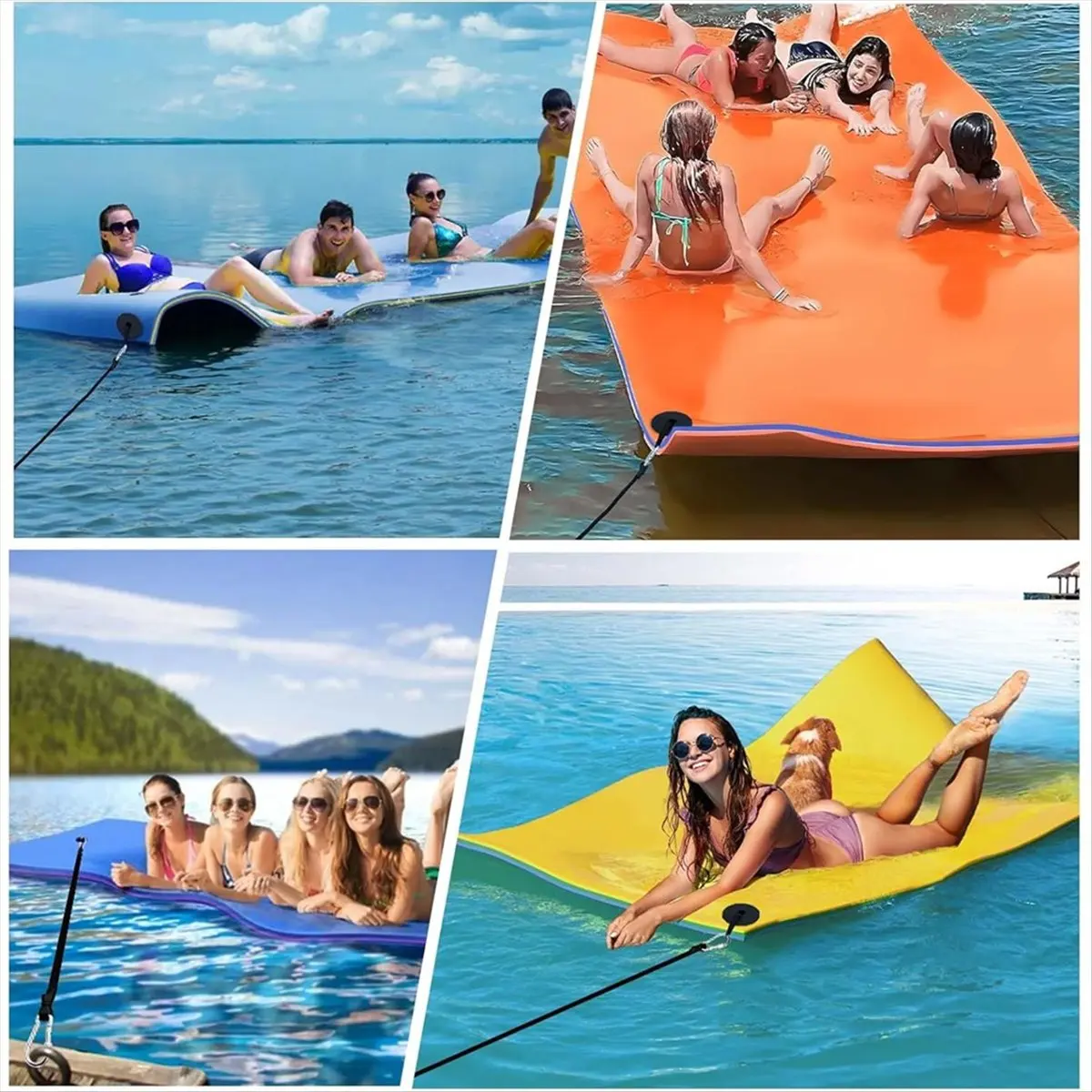 DT773 TRENDY~118 Inch Foam Water Pad Mat Bungee Cord Lily Pad Bungee Cord with Carabiners Foam Lake Mat Cord Floating Mat Tether