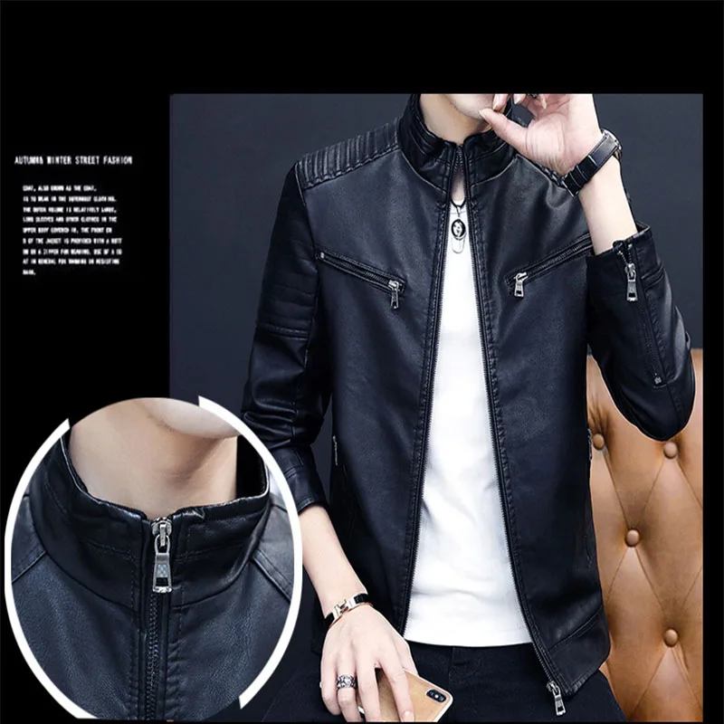 2023 Motorcycle Jacket Mens Fashion Leather Jacket Slim Fit Stand Collar PU Jacket Male Anti-wind Motorcycle Jackets Men Coat