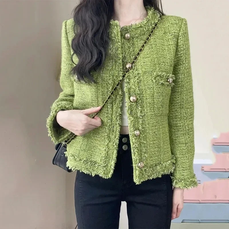 2024 New Autumn Winter Korean Single-Breasted Short Tweed Coat Women Long Sleeve Vintage Green Casual Jackets Female Outerwear