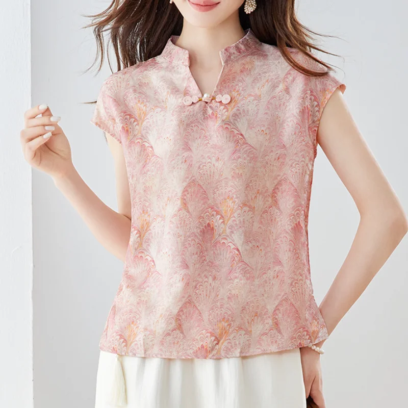 Elegant Jacquard Women Jacket 2Pcs Satin Shirt&pants Chinese Clothes Short Sleeve Casual Blouse Vintage Button V Neck Tops