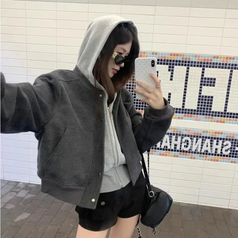 

Модная однотонная свободная короткая бейсбольная куртка женская с капюшоном в стиле пэчворк с длинным рукавом и круглым вырезом куртки-бомберы осенняя женская уличная верхняя одежда