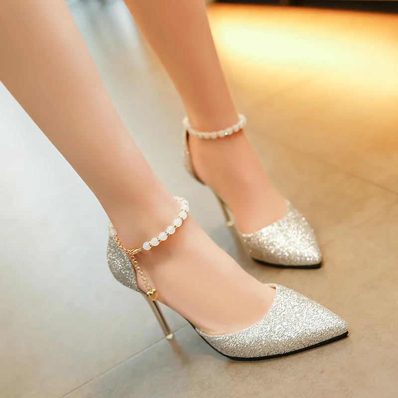 Women Pumps 2024 Spring Summer Pointed Roman Sandals Word with Beaded Stiletto High Heels Fashion Sequins Wedding High Heel Shoe