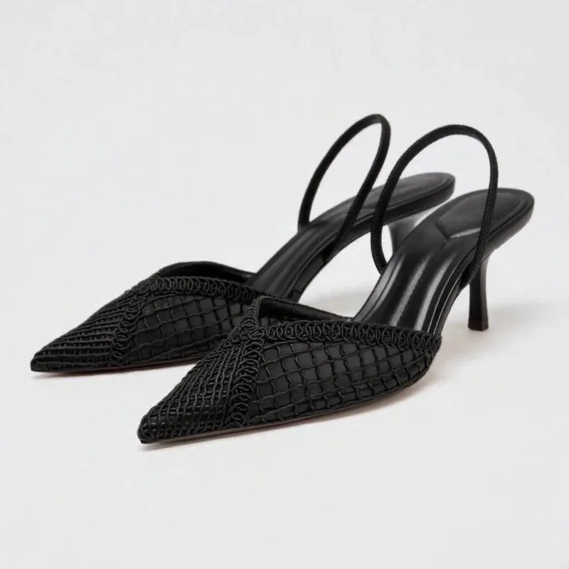 

Fashion Black Hollow Mesh Women Slippers Brand Pumps Women Sandals Shallow High Heel Sandals Elegant Designer Shoes for Women