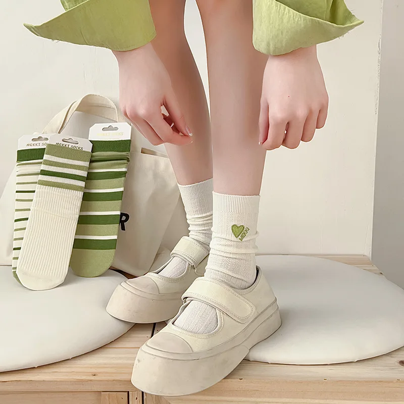 Green Striped Cotton Socks Spring Fall Thin Mid-length Stockings Preppy Striped Socks for Women