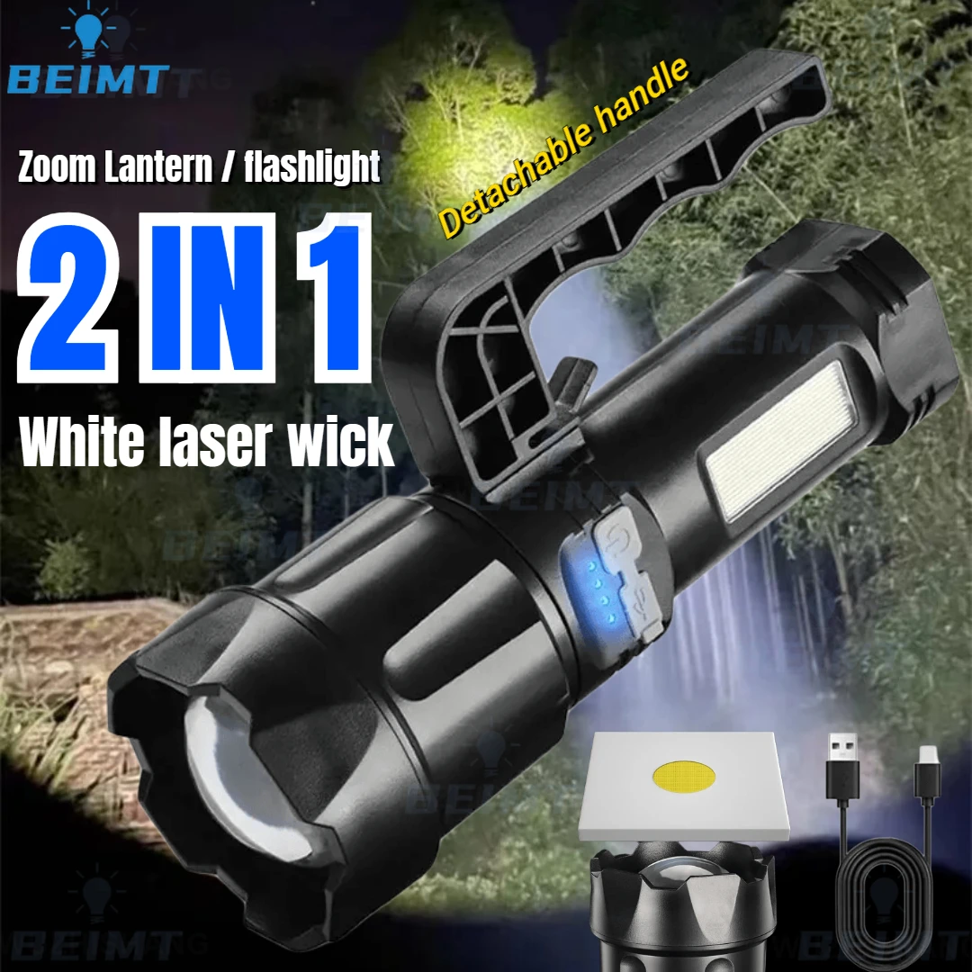 2 IN 1 Ultra Bright Portable LED Flashlight High-power Rechargeable Spotlight with COB Side Lights Supporting Telescopic Zoom