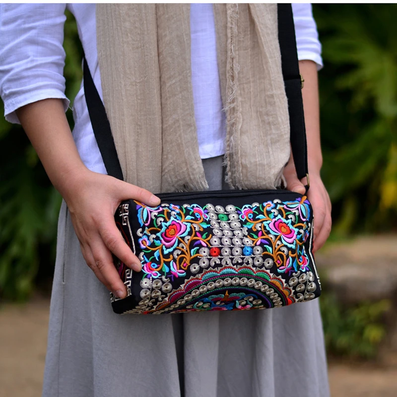 New Ethnic Style Embroidery Bag Three Zipper Double Sided Women Shoulder Crossbody Bag