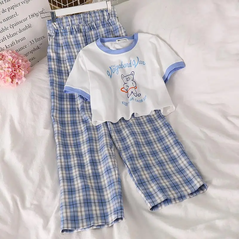 Kinder-Sets 2023 Baby Mädchen Outfit Set Cartoon-Bären-Print + Karierte Weite Hose Mädchen Kleidungsset 4 bis 13 Jahre Kinder Boutique Kleidung