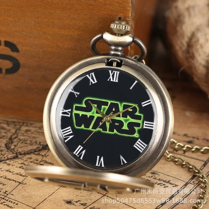 Star Wars Anime Carved Quartz Pocket Watch Roman Numeral Necklace Pendant Gift for Women Man with Fob Antique Chain Clock Chain