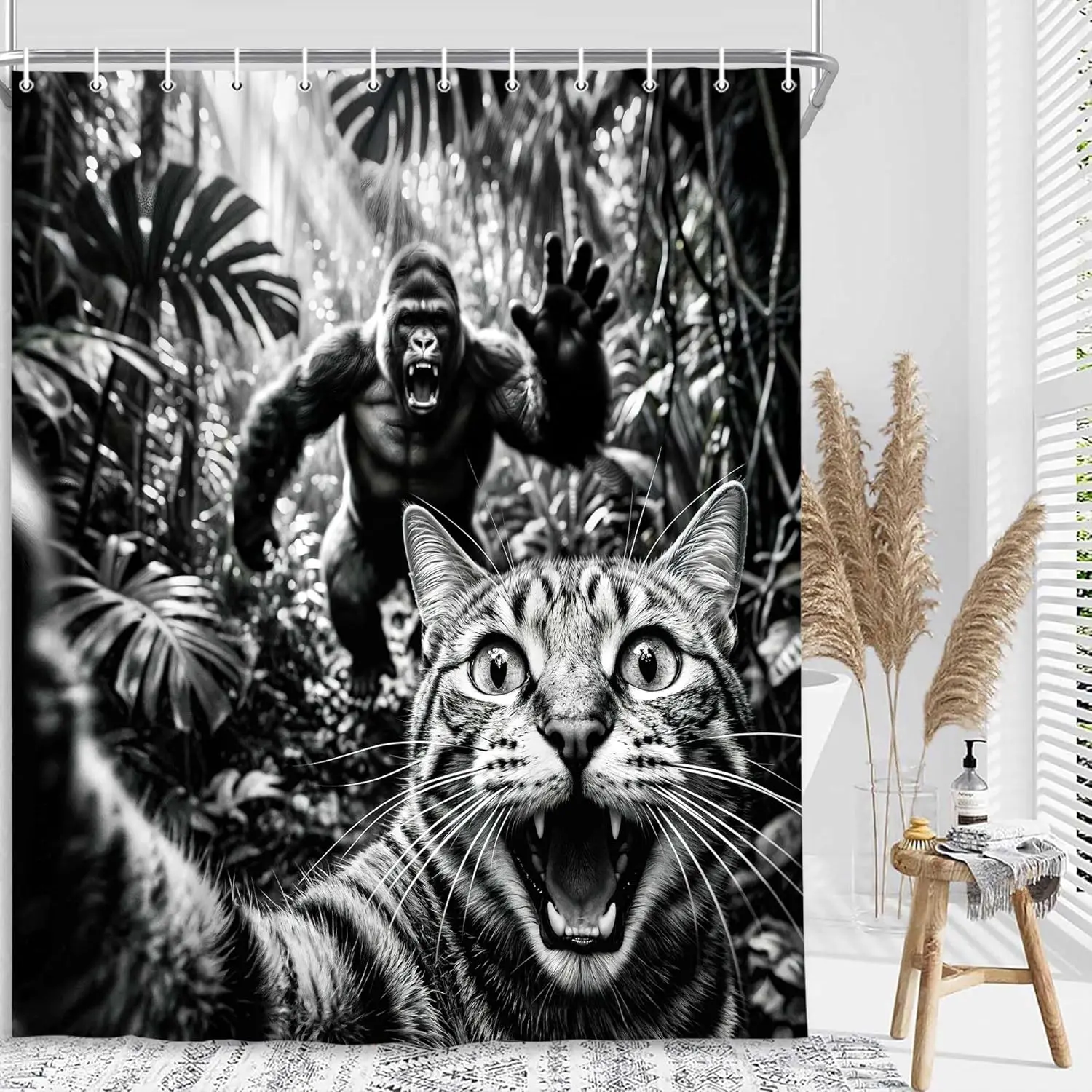 Funny Cat Gorilla Jungle Shower Curtain, Black White Humorous Wild Animal Waterproof Bathroom Decor Curtain  With Hooks