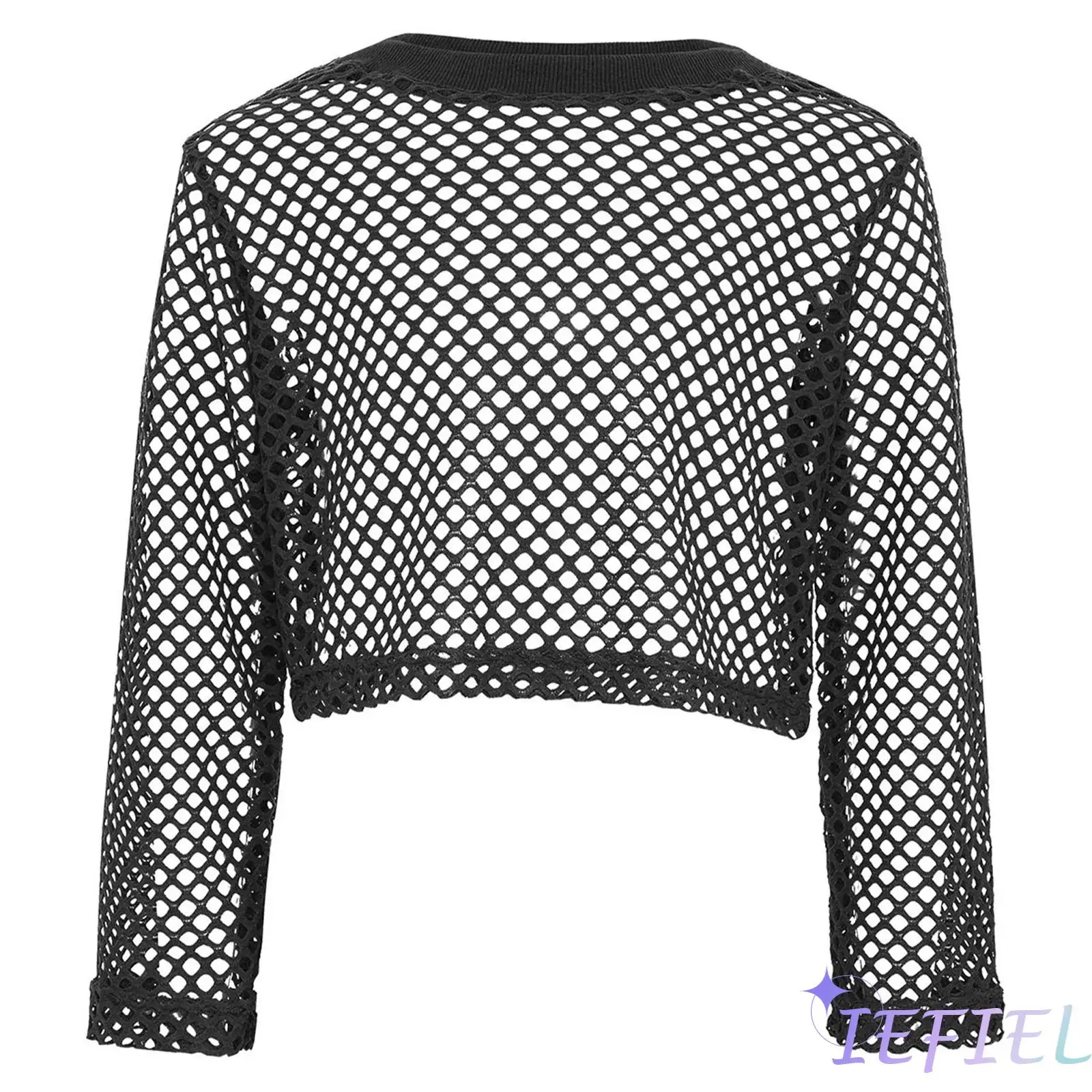 

Kids Girls Hollow Out Fishnet T Shirt Round Ribbed Neck Long Sleeve Crop Top Streetwear for Skateboarding Hip Hop Street Dance