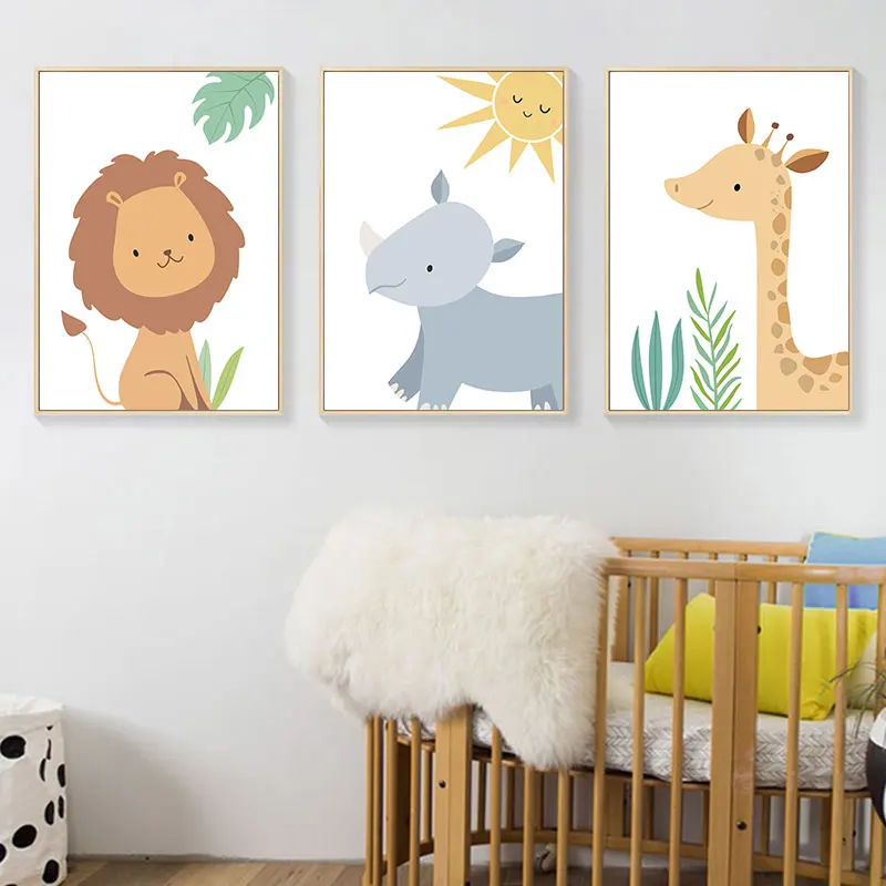 Cute Lion Giraffe Zebra Canvas Poster Modern Animals Wall Art for Kidsroom Nursery Baby Room Simple Home Decor Picture Print