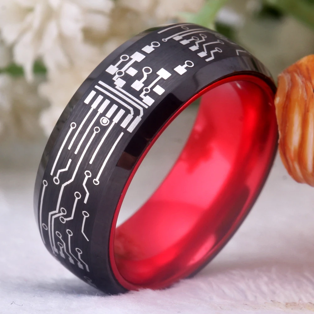 Circuit Board Ring Circuit Board With Power Button Wedding Band Tungsten PC Board Ring Wooden Inner Nerd Gift Anniversary Ring