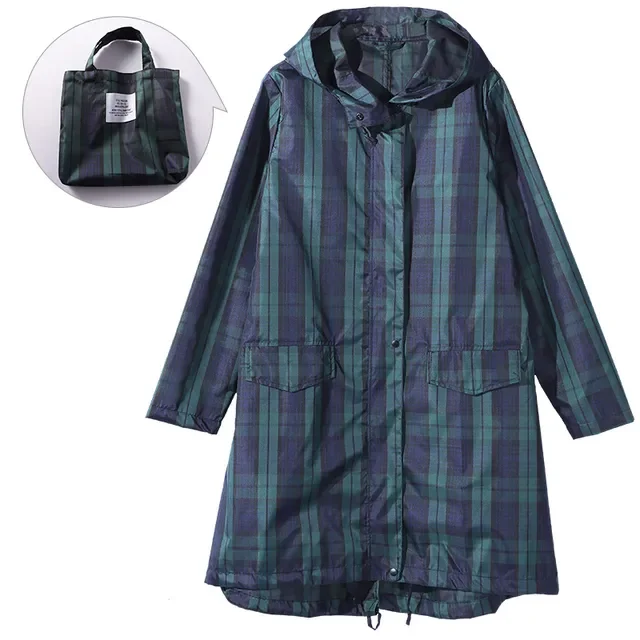 Green Plaid Long Raincoat, Waterproof Rain Jacket, Hiking Coat, Windbreaker