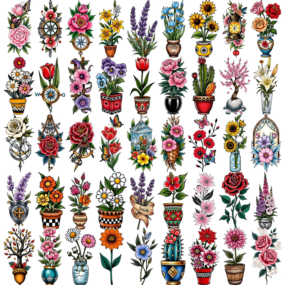 

63 шт., временные татуировки, наклейки с растениями, временные татуировки, наклейки с цветами, новая школа, традиционные для взрослых, грудь для мужчин