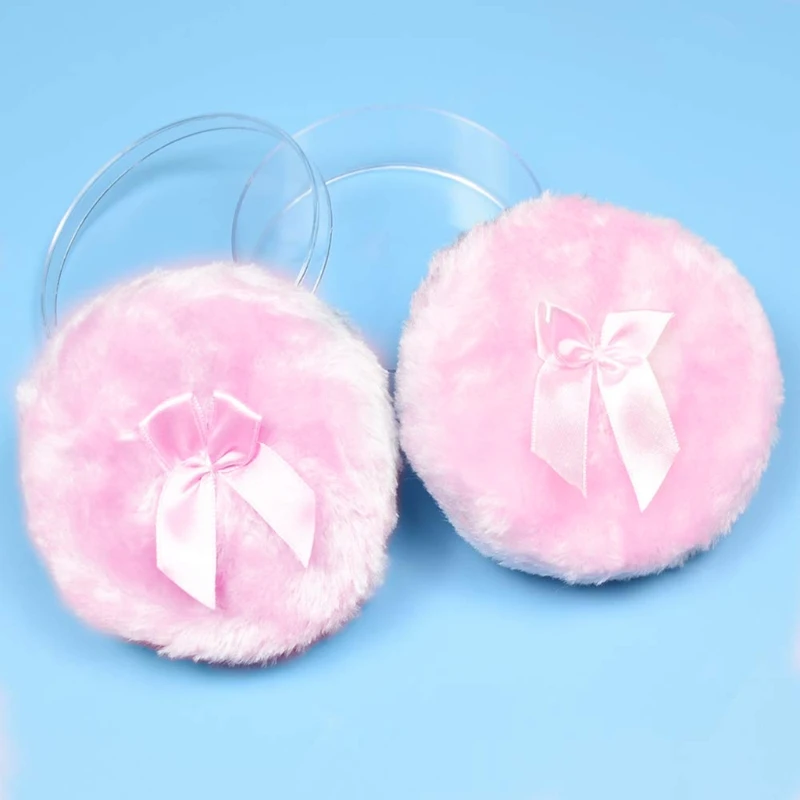 Large Fluffy Powder Puff for Face Body Round Powder Loose Puff with Ribbon Bow Handle Transparent Storage Box