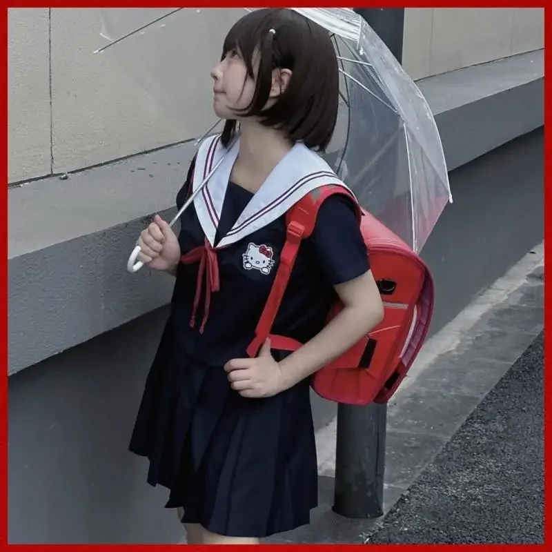 Miniso Hellokitty JK Clothes Kitcat JK Uniform Sailor Uniform Basic Model Japan Top Navy Collar and Pleated Skirt New Clothings