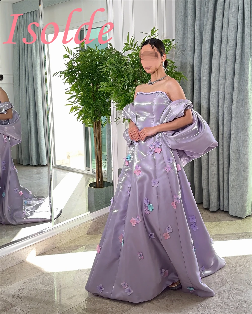 Customized Sparkly Purple Satin Evening Dresses Classic Strapless Celebrity Gowns Fashion Flowers Special Occasion Gowns