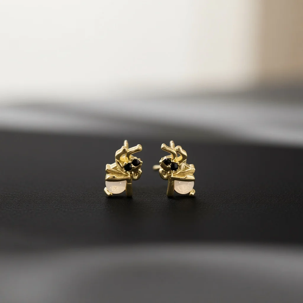 Gold Tone Mosquito Motif Stud Earrings for Women, Pink Cabochon Stone Black Accent Pierced Earrings, Unique Insect Jewelry