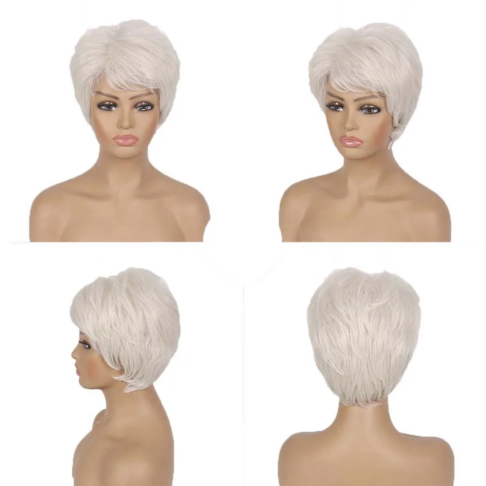 Short White Synthetic Wig Ombre  Fluffy Pixie Cut Wig With Bangs For Women Natural Daily Wear Wig