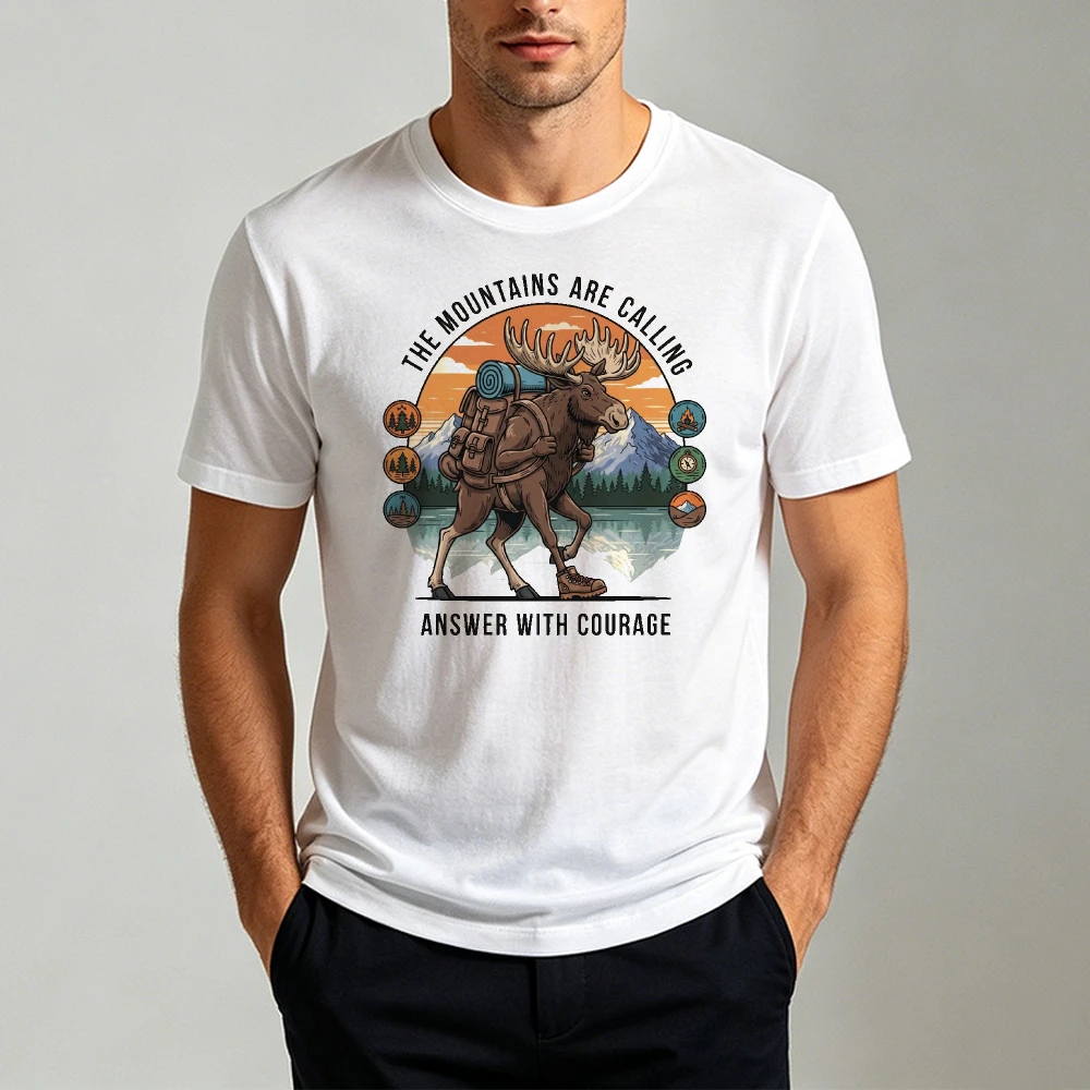 The Mountains Are Calling Backpack Moose Graphic Men Summer T Shirt Mountain Hiking Wildlife Retro Short Sleeve Daily Top