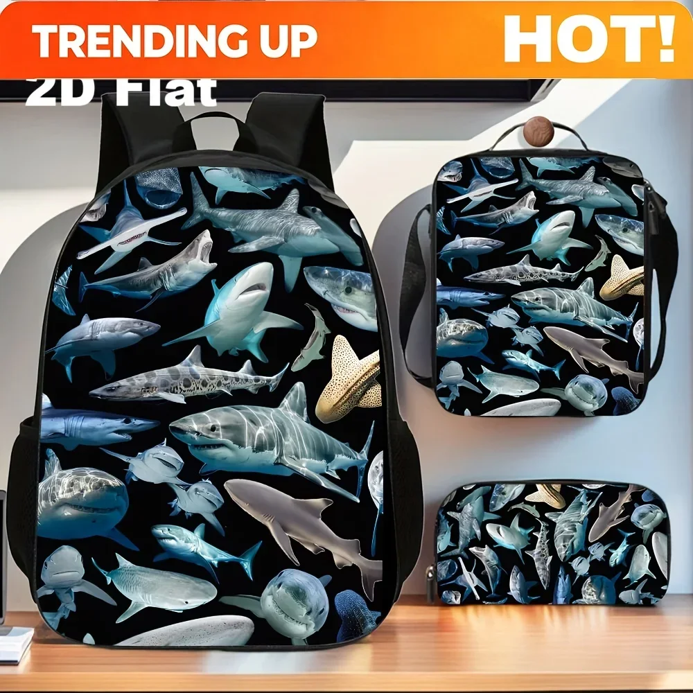 Custom Bag 3pcs Shark Print Backpack With Lunch Box & Pencil Case Suitable For Teens, Large Capacity School Bag With Tablet/Lapt