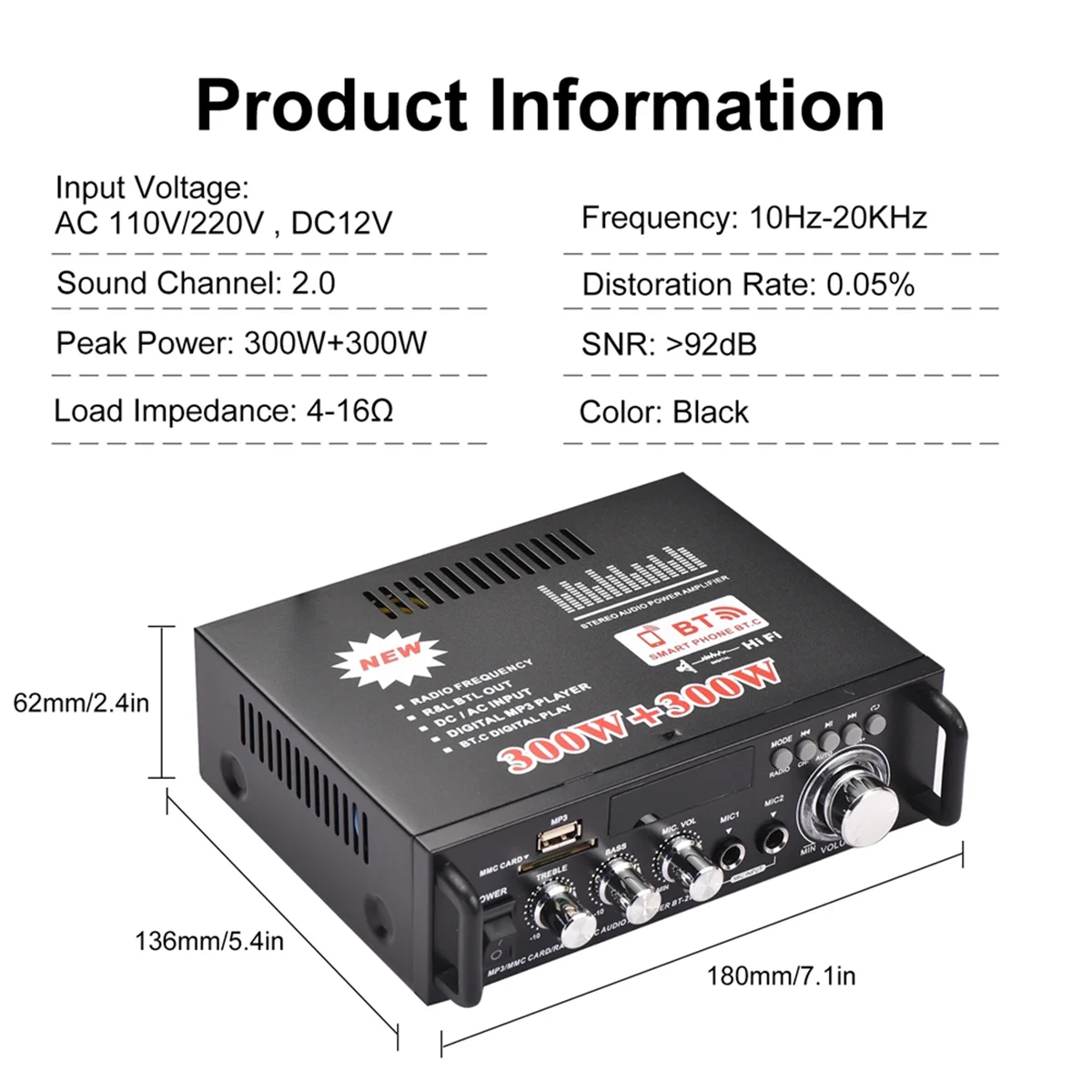 BT-298A Mini Audio Power Amplifier 2CH 300W+300W for Car Home Bluetooth Digital Audio Receiver AMP FM Radio EU Plug